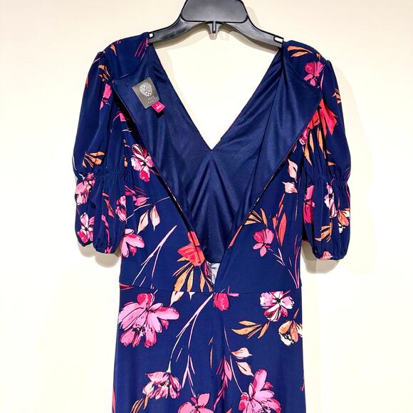 Vince Camuto Floral V-Neck‎ Midi Dress Size 4 Navy Pink Ruched Feminine Romantic - Picture 8 of 15